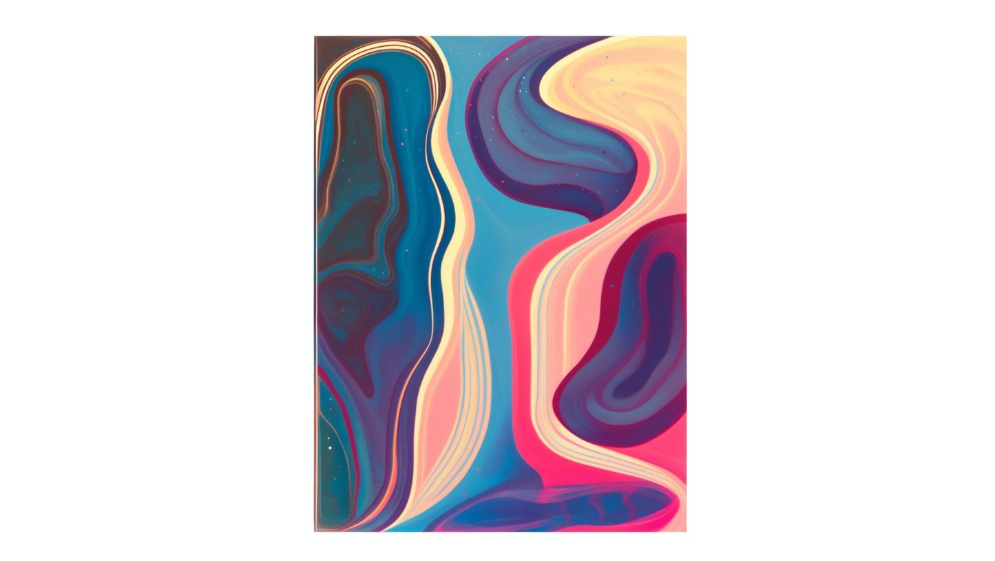 A framed, vertical abstract painting titled 'Tidal Bloom' is mounted on a beige wall above a wooden window bench. The painting features vibrant, flowing, wave-like shapes in a saturated palette of blue, magenta, pink, and orange. The surrounding area includes a potted plant, several neutral pillows on the bench, and floating wooden shelves with decorative ceramic vases. Wall art by wall and more