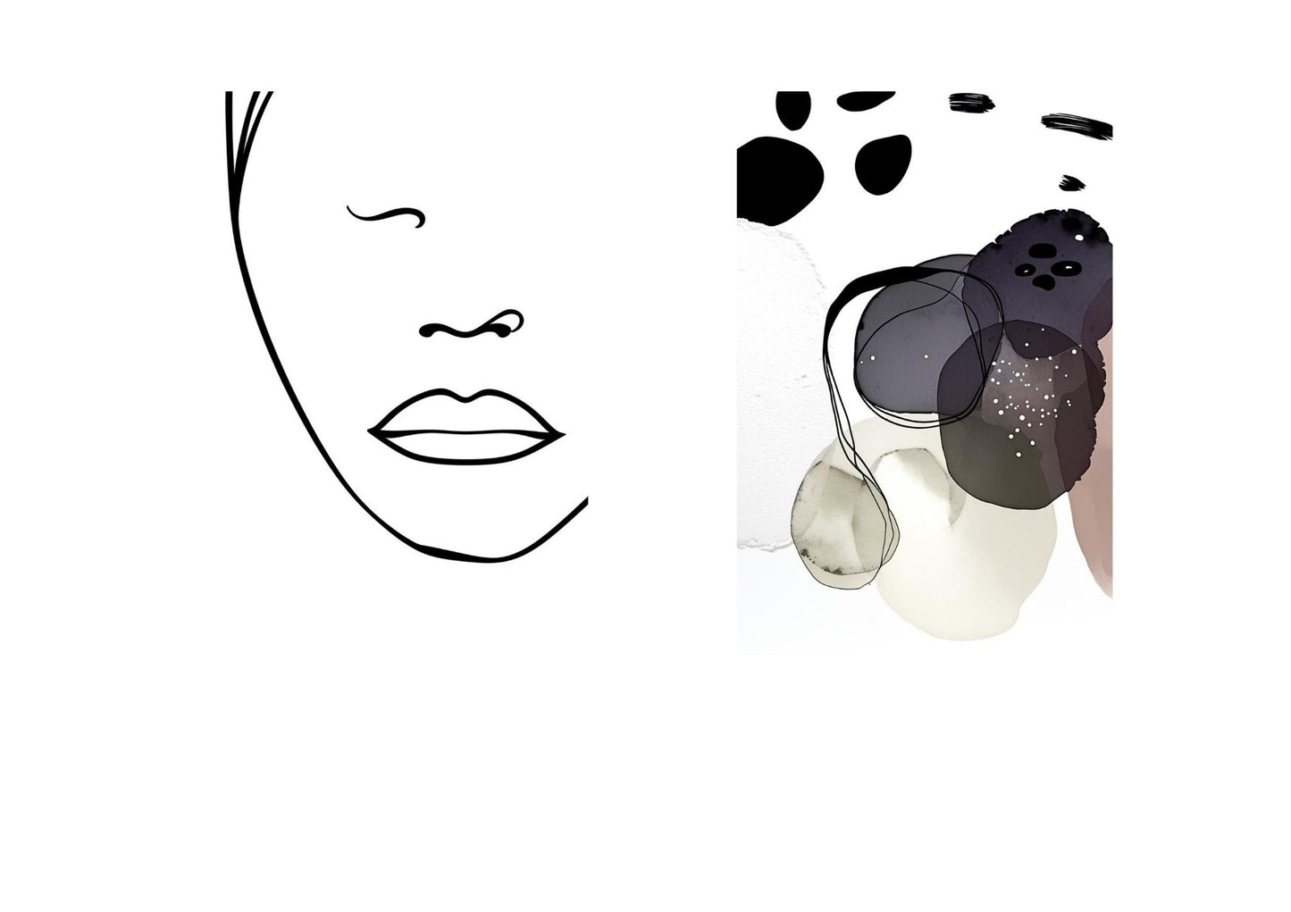 Minimalist Diptych Wall Art Set: Continuous line art face and an abstract expressionist print with dark shapes, displayed over a gold sofa in a modern living room.