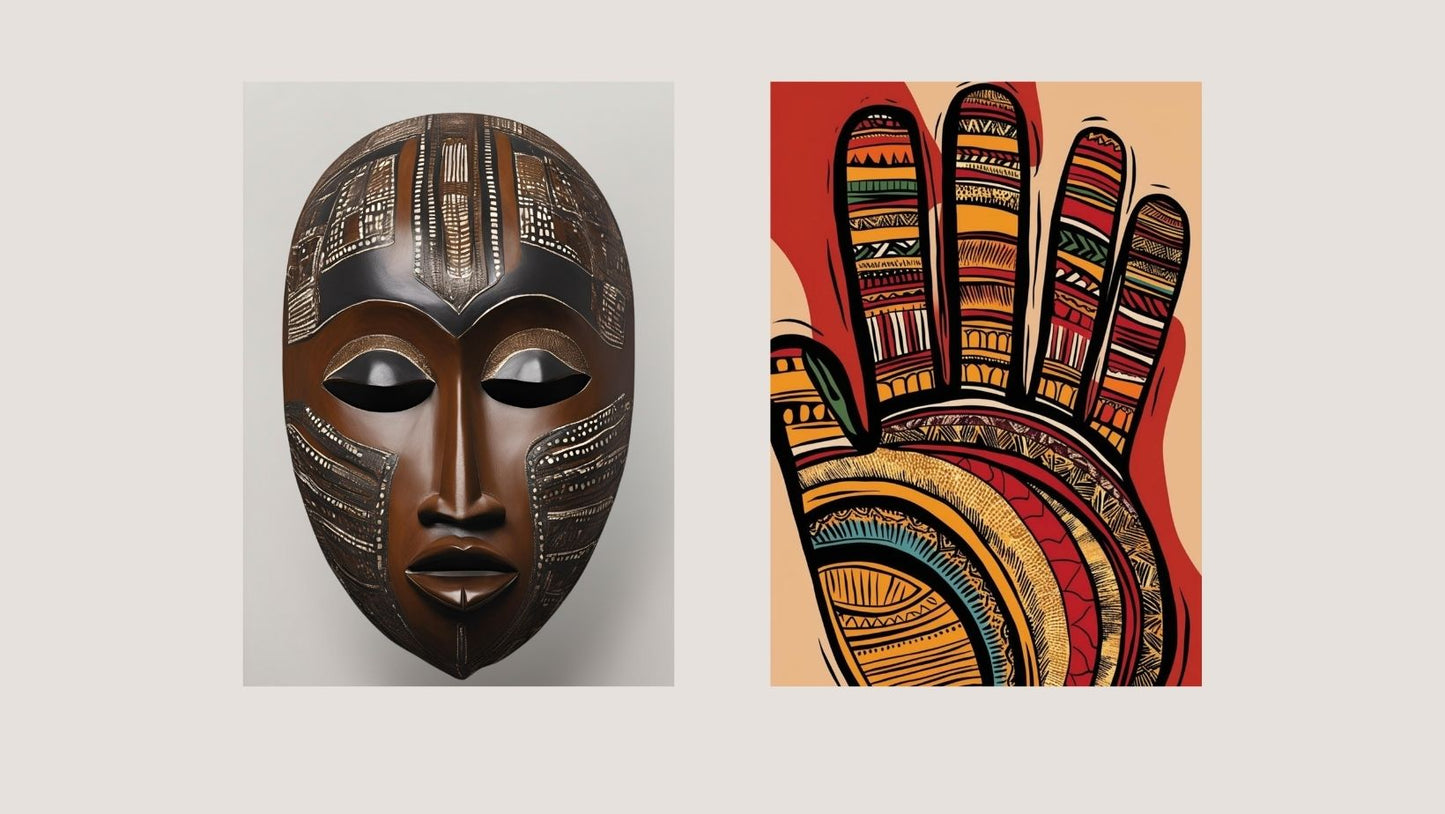 Afrocentric Diptych Wall Art Set on brick background: Realistic carved Tribal Mask and a bright, abstract Patterned Hand Print. Ideal Art For Ethnic or Bohemian living room decor.