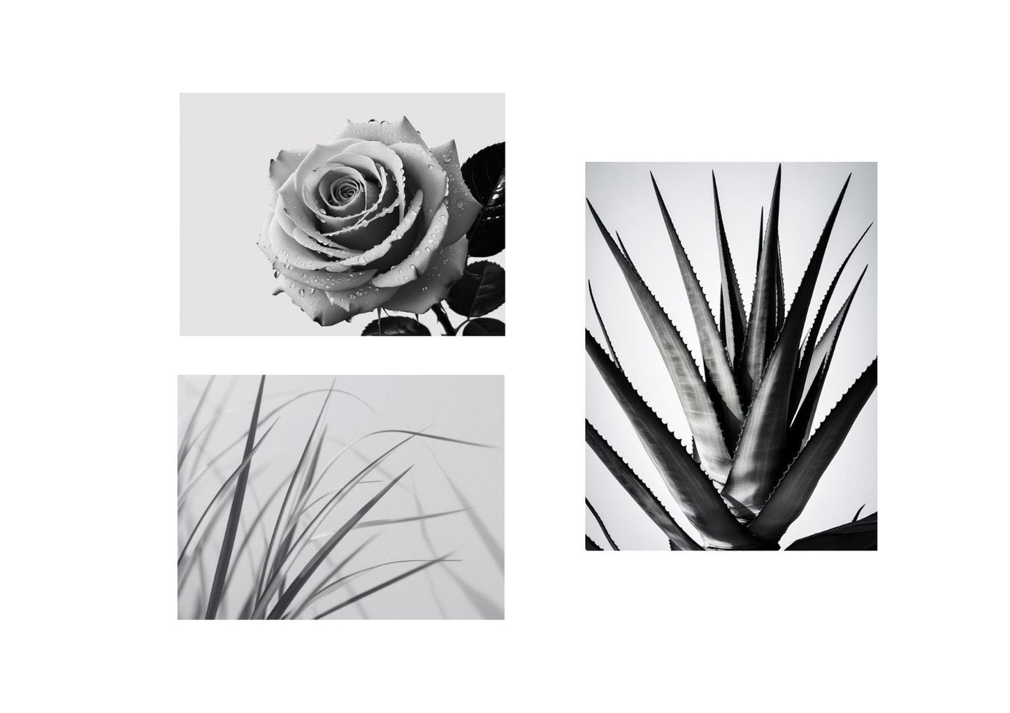 A set of three framed black-and-white botanical photographs featuring high contrast and detail. The top left image is a close-up of the delicate, swirling petals of a rose; the bottom left is a horizontal crop of thin, spiky grass blades; and the right image is a vertical close-up of the sharp, pointed leaves of an agave or similar succulent plant. Wall art by wall and more