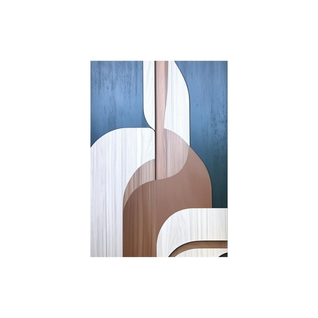 Vertical Abstract Geometric Wall Art featuring overlapping organic shapes in Navy Blue, White, and Wood Tones. Ideal Mid-Century Modern or Contemporary Living Room Decor.