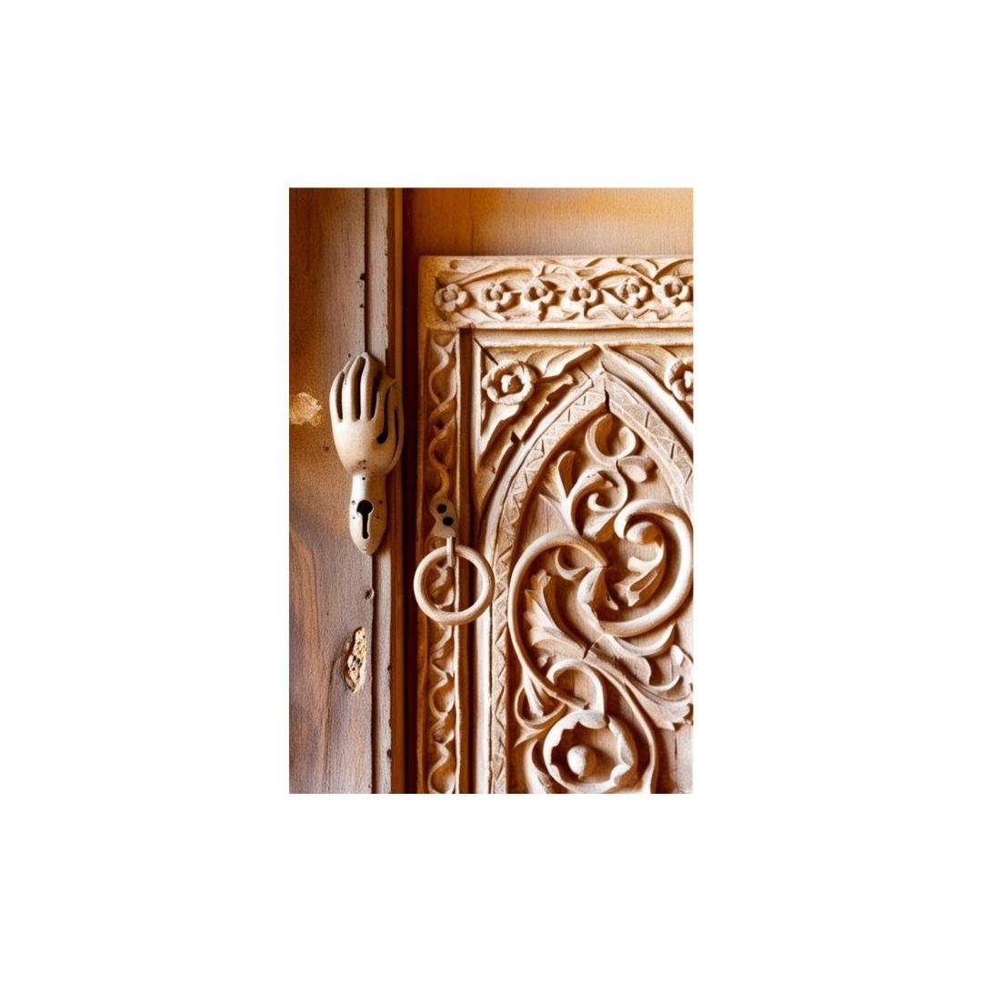 Vertical Andalusian Craftsmanship Photography print featuring a close-up of intricate Carved Wooden Door with arabesque and Geometric Motifs. Ideal Bohemian or Moroccan Decor accent.