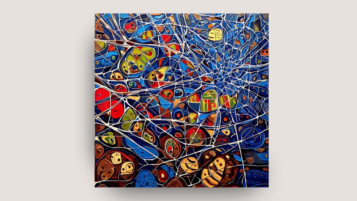 vibrant and complex abstract composition with a strong emphasis on line, color, and organic shapes, wall art canvas by wall and more