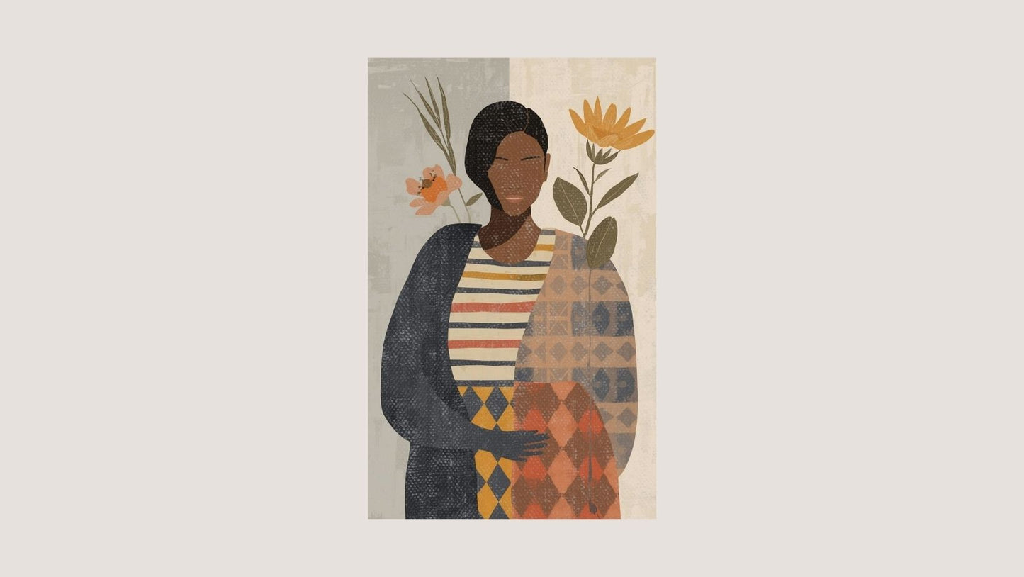 Large vertical Contemporary Figurative Minimalist Art titled "Quiet Strength," depicting a woman holding a patterned vase, surrounded by stylized flowers in Terracotta, Orange, and Beige tones. Ideal Bohemian, Modern, or Eclectic Living Room Decor.