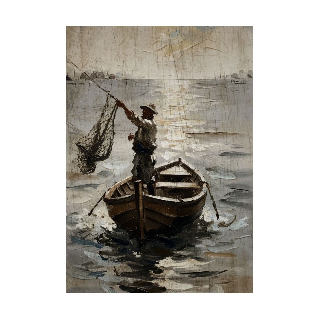 Vertical Impressionistic Textured like Art depicting a Solitary Fisherman casting a net from a rowboat on moody, reflective water. Ideal for classical Living Room Decor.