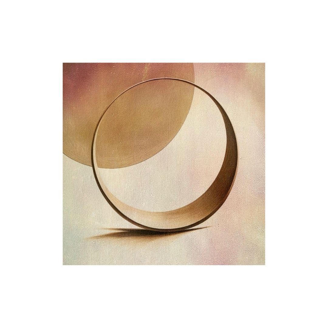 Square Minimalist Contemplative Wall Art featuring a 3D Geometric Ring/Circle casting a shadow on a background of soft Pink and Beige Abstract Shapes. Ideal Modern or Zen Living Room Decor.