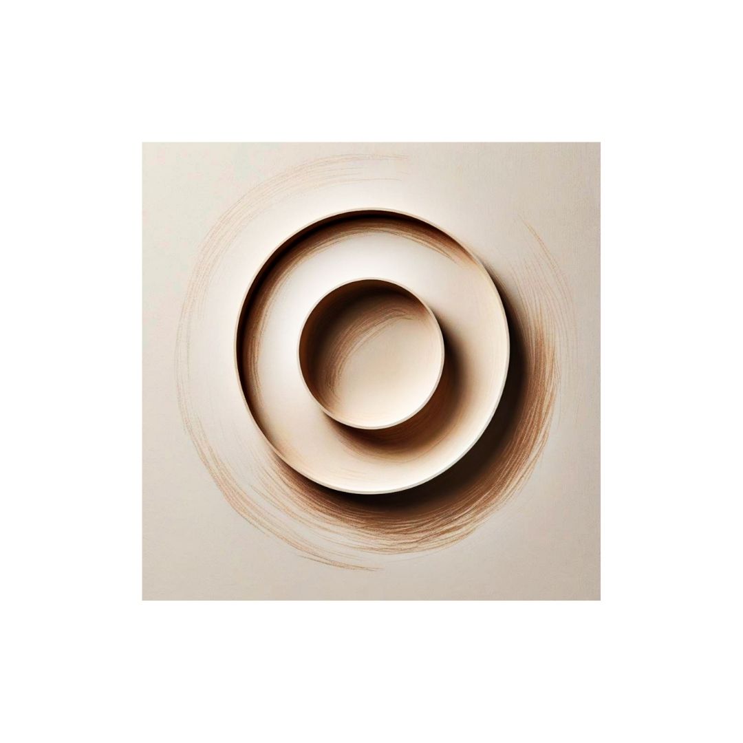 Square Minimalist Contemplative Wall Art featuring a 3D Geometric Ring/Circle casting a shadow on a background of soft Pink and Beige Abstract Shapes. Ideal Modern or Zen Living Room Decor.