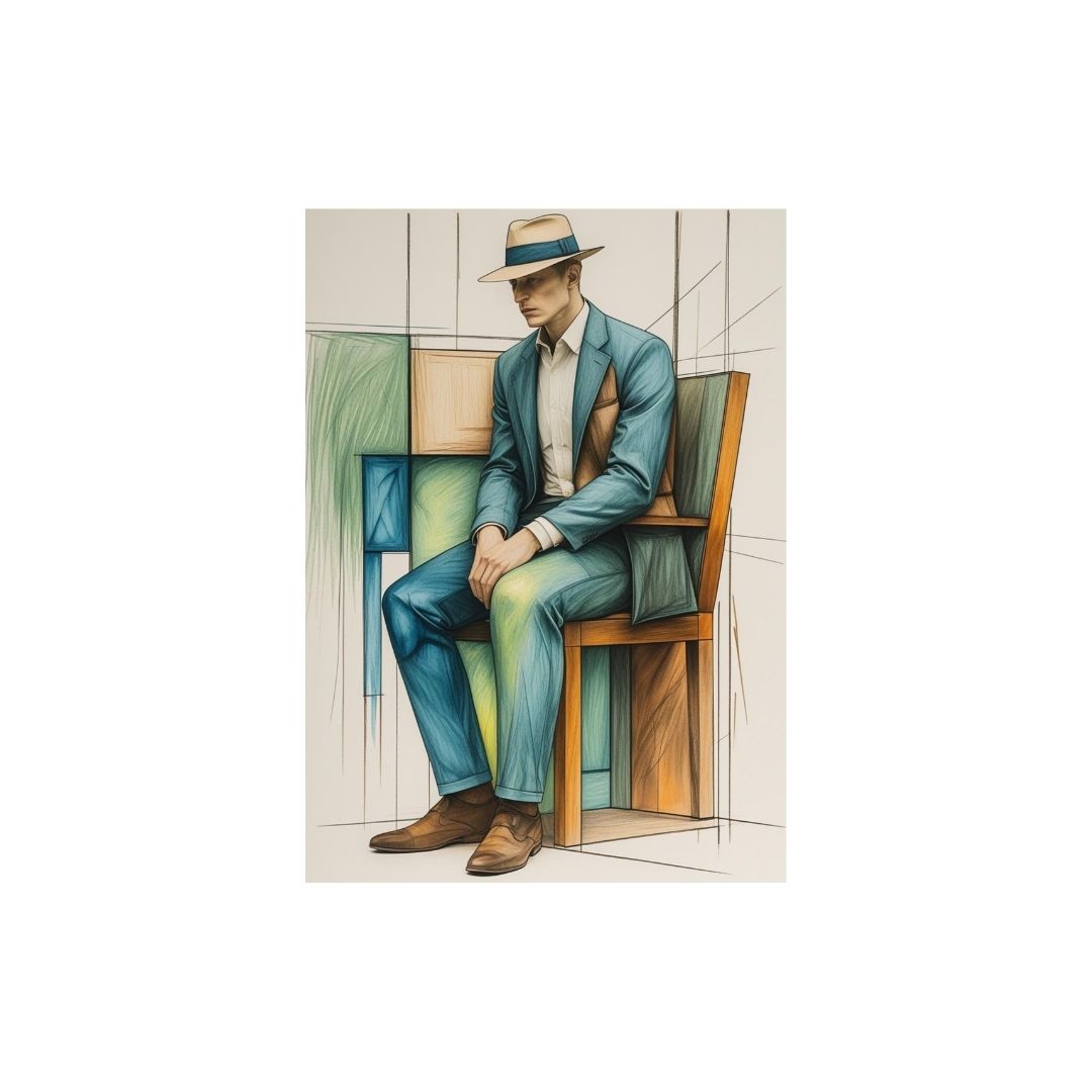 Vertical Contemporary Figurative Sketch Art of a seated man in a blue suit and fedora, rendered in expressive pencil strokes and blocks of color. Ideal Modern, Introspective, Living Room or Office Decor.