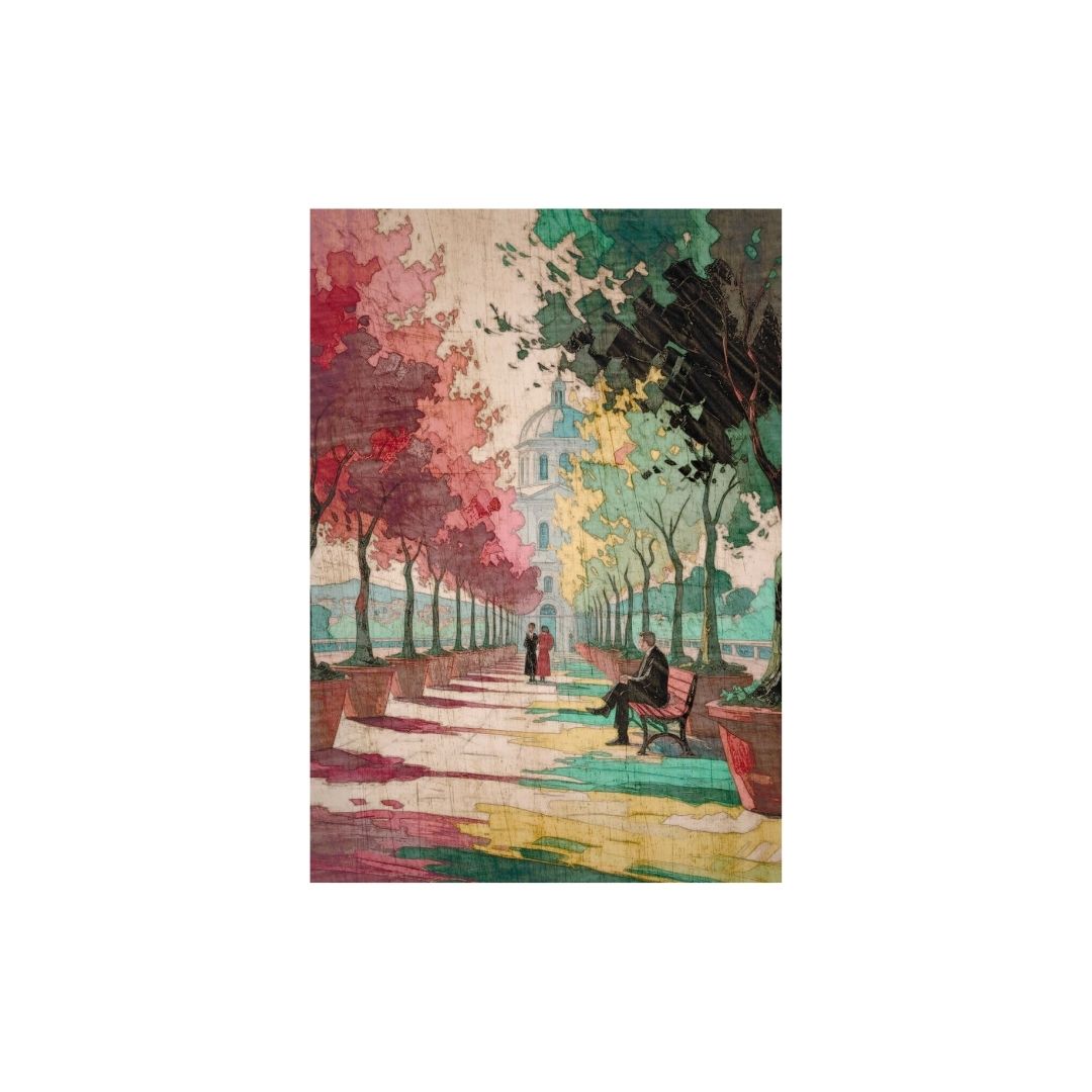 Vertical Expressionist Digital Art, inspired by Van Gogh, depicting a colorful park path lined with trees in Vivid, Swirling Colors. Ideal Statement Art or Eclectic Living Room Decor.