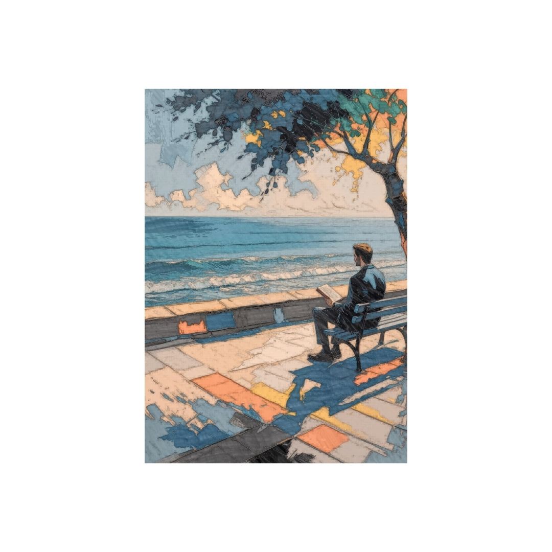 Vertical Post-Impressionist Digital Sketch of a man seated beneath a tree, contemplating the Ocean; featuring bold outlining and colorful blocks of light and shadow. Ideal Coastal, Contemplative, or Modern Decor.