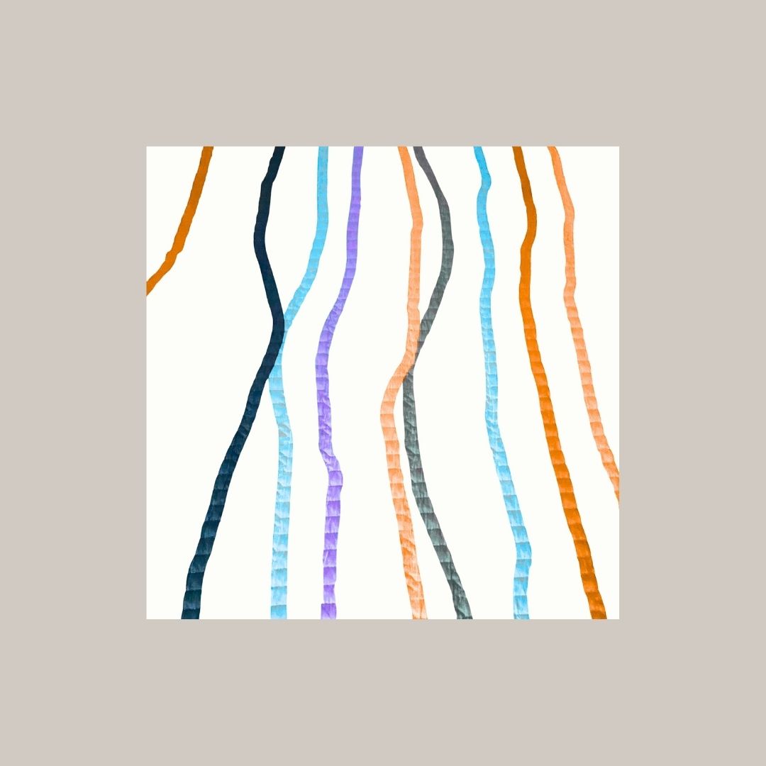 Vertical framed Minimalist Abstract Wall Art featuring five wavy, vertical lines in a modern color palette of Orange, Blue, Purple, and Teal. Ideal Contemporary or Clean Scandinavian Living Room Decor.