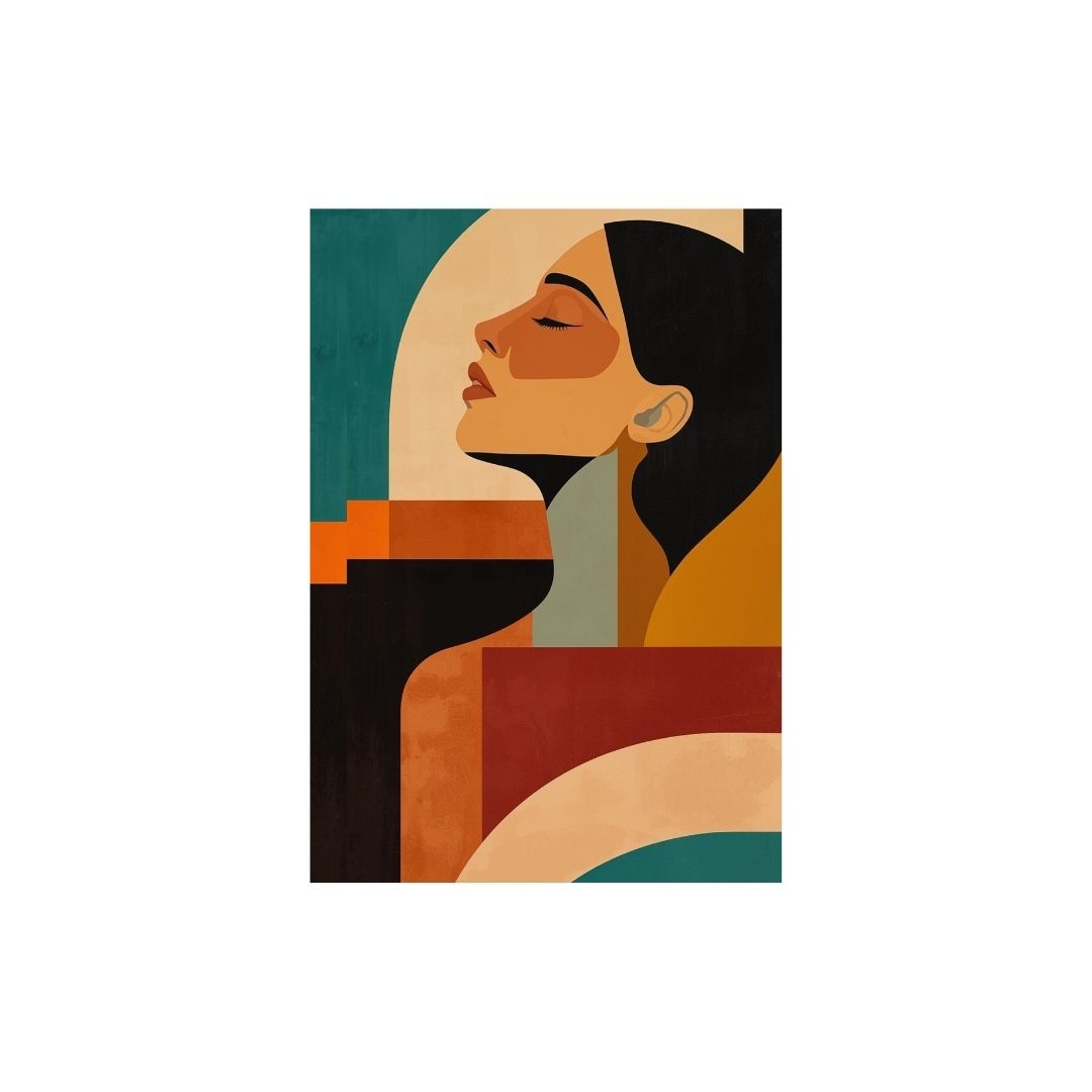 Cubist, stylized profile of a woman introspection. Wall art canvas frame by wall and more