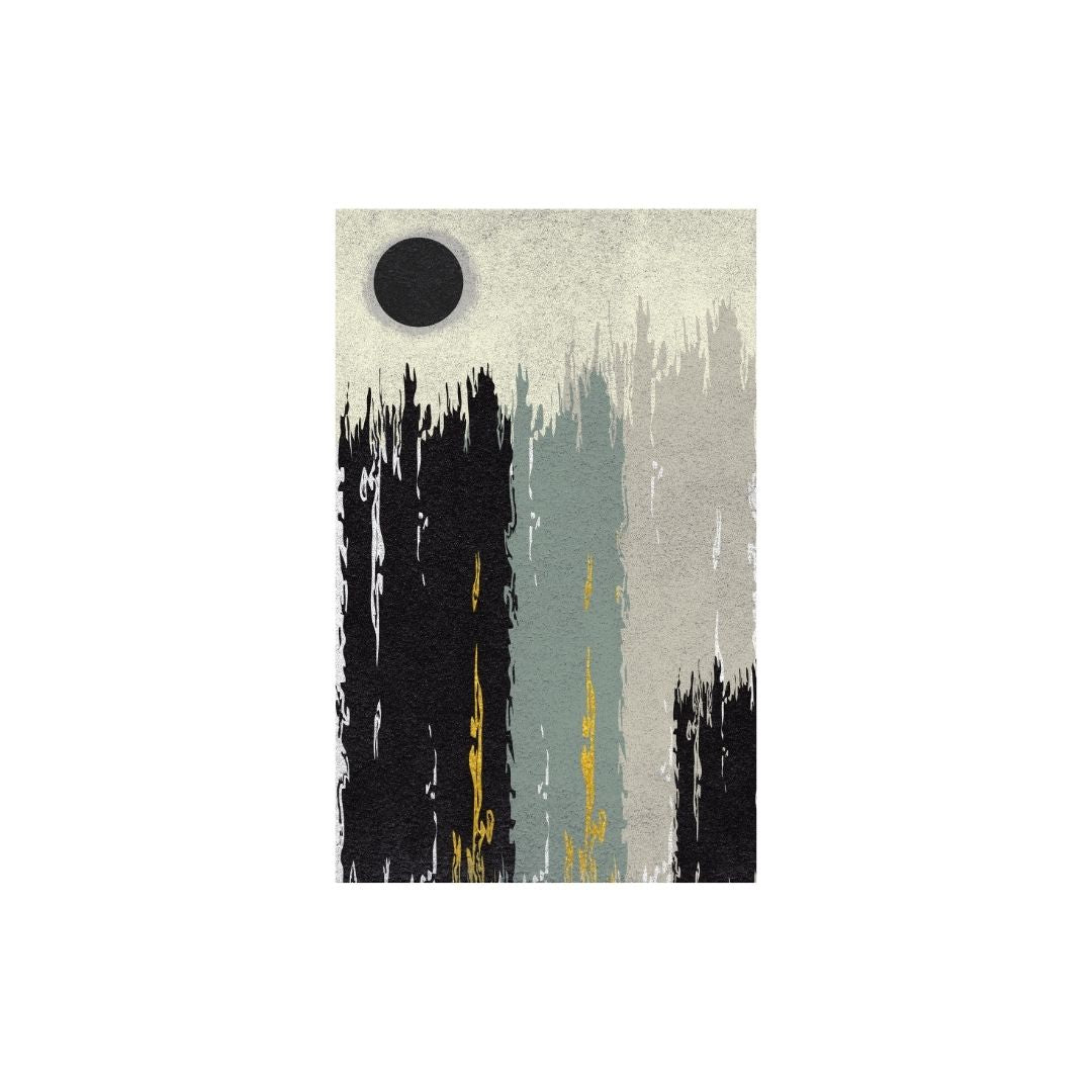 Large vertical Textured-like Abstract titled "Eclipsed Horizon," featuring a Black Circle above aggressive, vertical brushstrokes in Black, Gray, Steel Blue, and Gold Accents. Ideal Modern, Luxury, or Contemporary Living Room Decor.