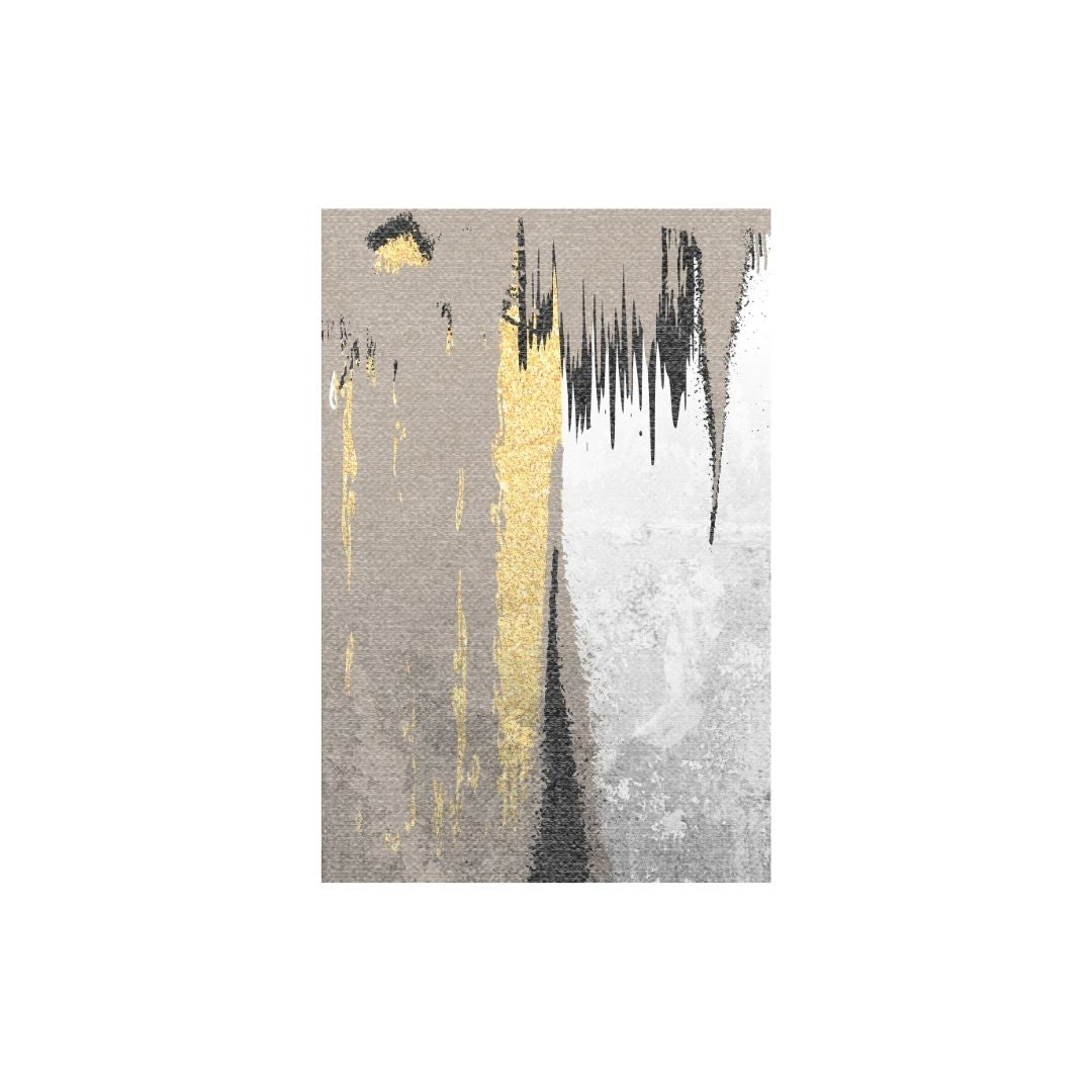 Large vertical Modern Abstract titled "Golden Fracture," featuring a highly textured design with prominent vertical blocks of Gold Metallic Paint, Black Streaks, Beige, and Gray. Ideal Luxury, Contemporary, or Statement Wall Art.