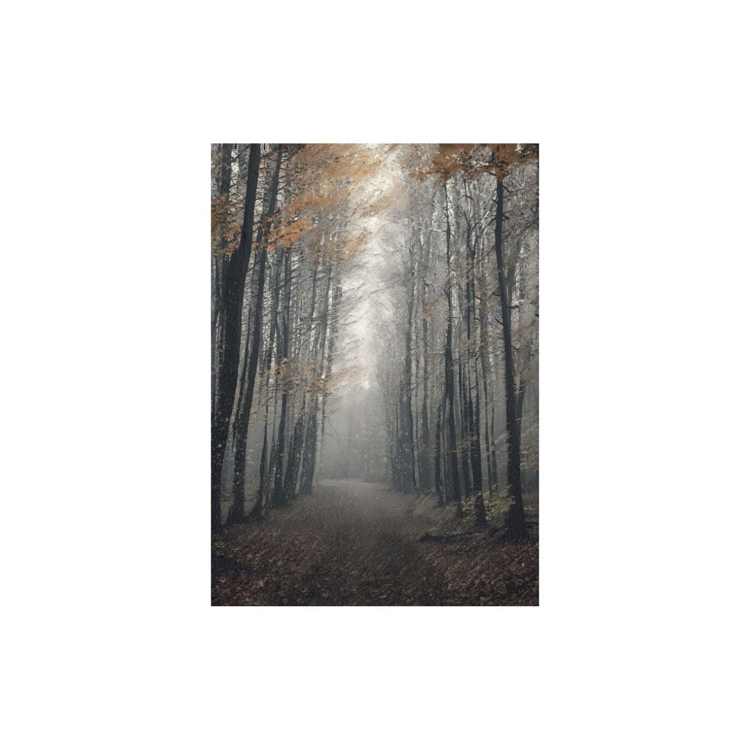 Misty forest scene with tall trees and a path disappearing into the mist.