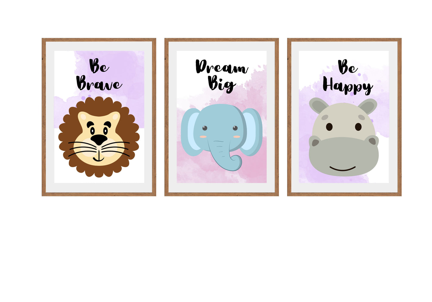 Motivational Nursery Triptych Wall Art Set (3 framed prints): cartoon lion (Be Brave), elephant (Dream Big), and hippo (Be Happy). Perfect Kids Room Decor or Playroom.