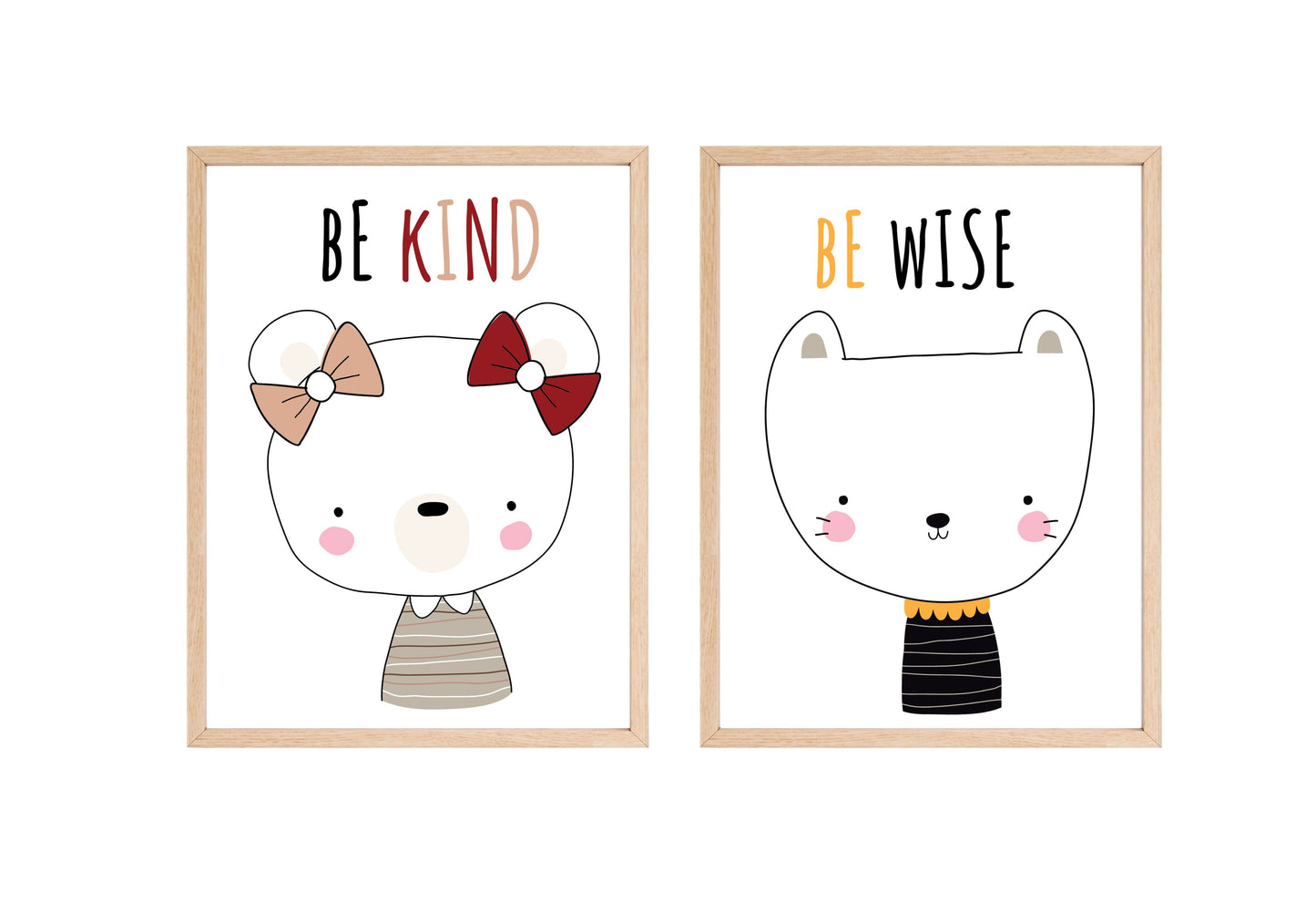 Motivational Nursery Diptych Wall Art Set (2 framed prints): cartoon cat faces with the quotes "Be Kind" and "Be Wise". Ideal Kids Room Decor or Baby Room.