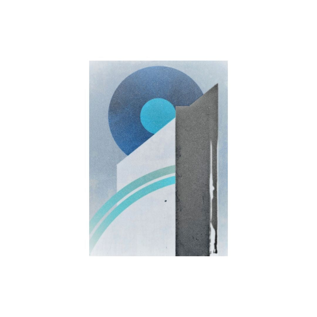 Large vertical Abstract Geometric Art titled "The Nexus of Form," featuring sharp, angular forms and circles in a cool palette of Blue, White, and Textured-like Gray. Ideal Contemporary, Industrial, or Minimalist Statement Art.