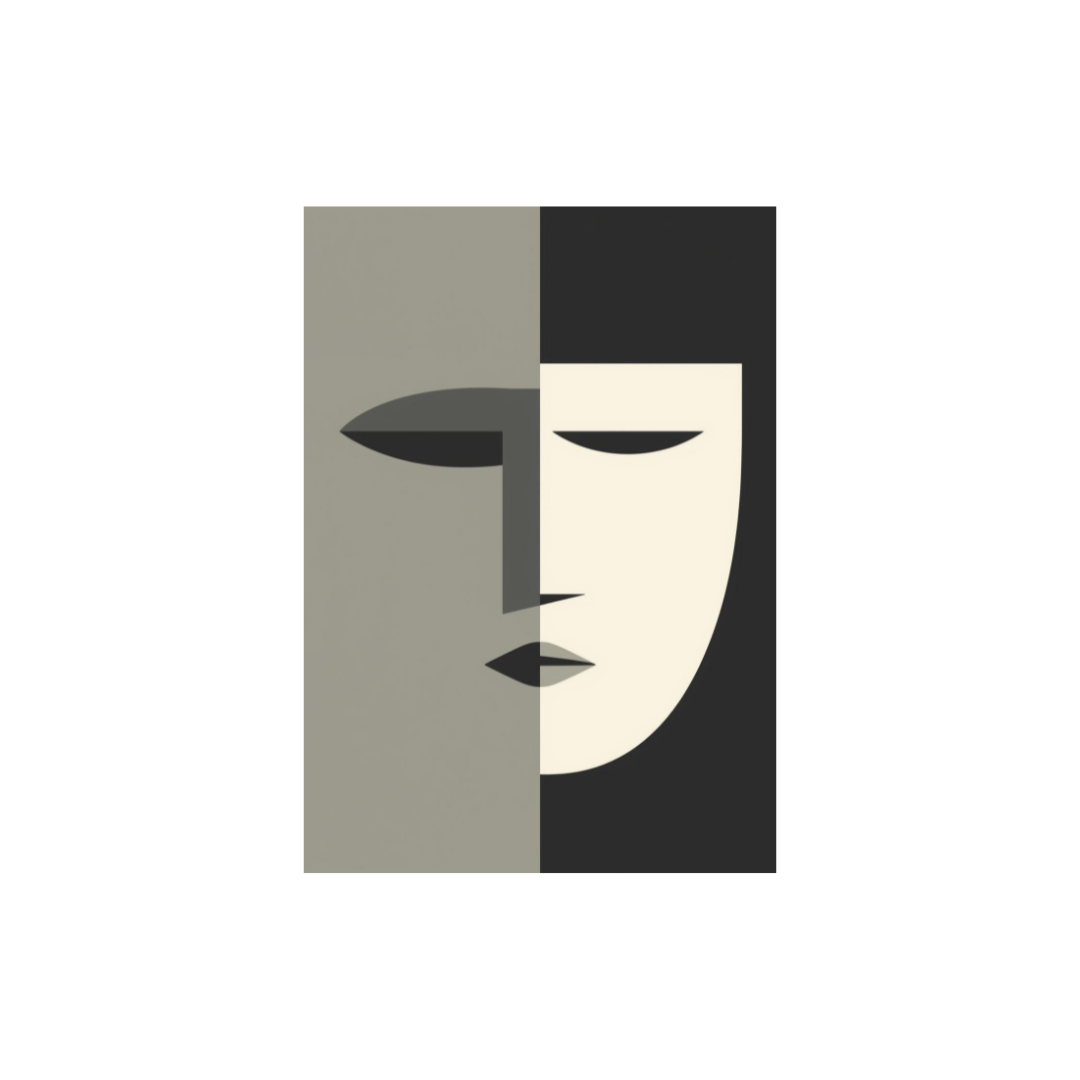 Modern minimalist cubist tableau of a geometric face in sage green, cream, and charcoal. This large-scale abstract portrait is framed in light wood.