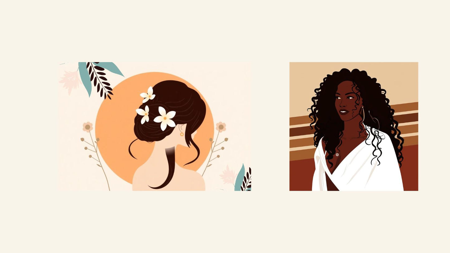 Afrocentric Diptych Wall Art Set (2 framed prints). Features Minimalist and Bohemian female portraits with floral accents. Perfect Art For Bedroom Decor for modern interiors.