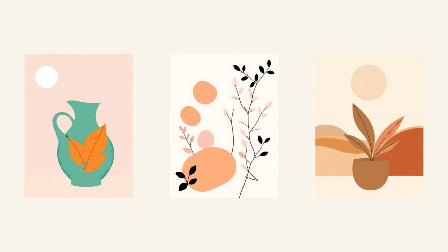 Minimalist Boho Triptych Wall Art Set (3 prints) featuring abstract pots, a turquoise jug, and botanical shapes in warm earth tones. Ideal Arts For Bedroom Decor.