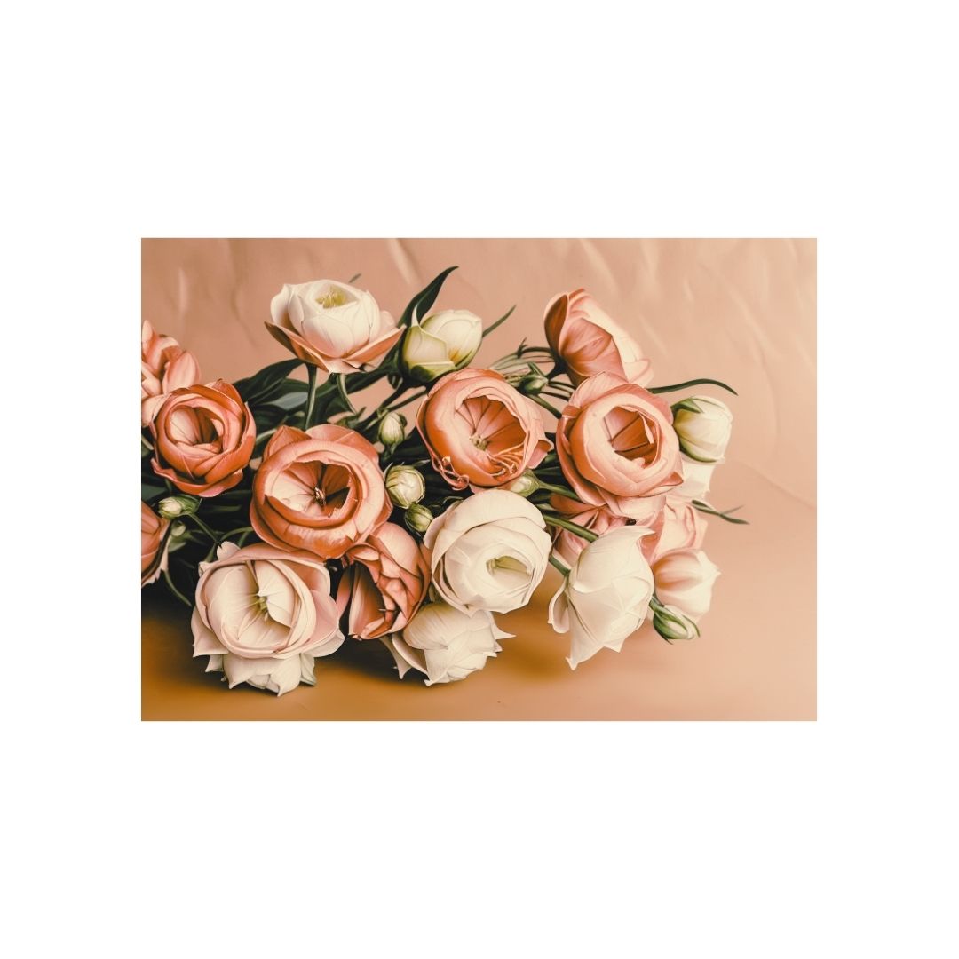 Horizontal Modern Botanical Wall Art print featuring a lush bouquet of delicate Pink and Peach Flowers (Ranunculus/Peonies) on a subtle beige background. Ideal Bedroom Decor or Feminine Living Room accent.