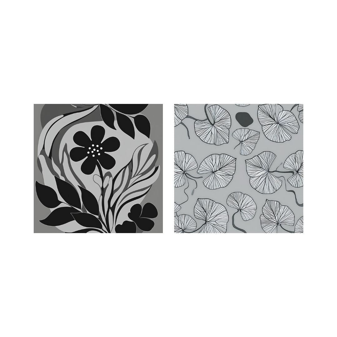 A stylized, pattern of leaves & roses on a gray background, wall art frames by wall and more