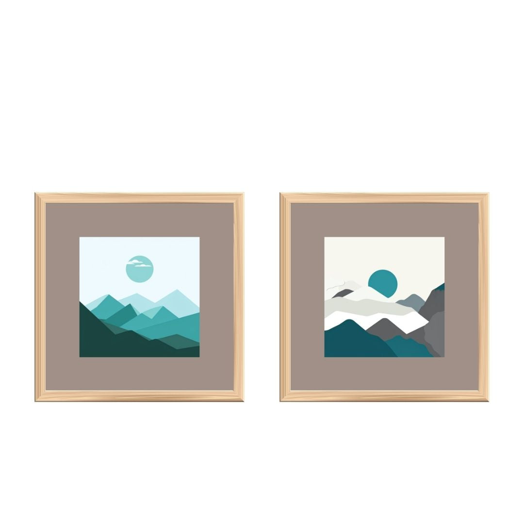A minimalist, geometric landscape depicting a mountain range and moon, wall art frames by wall and more