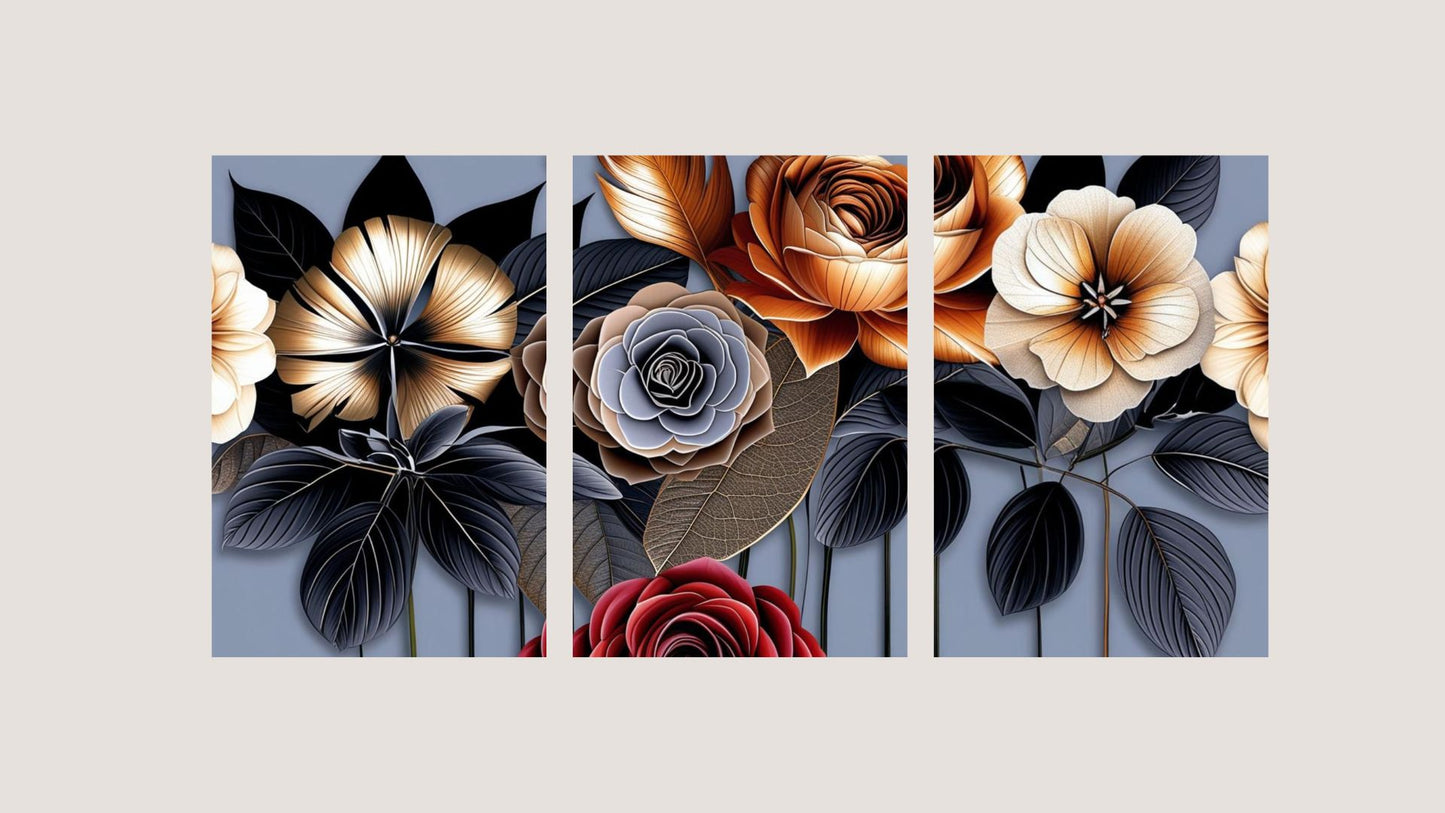 A collection of stylized flowers against a muted blue-gray background, wall art Canvas by wall and more
