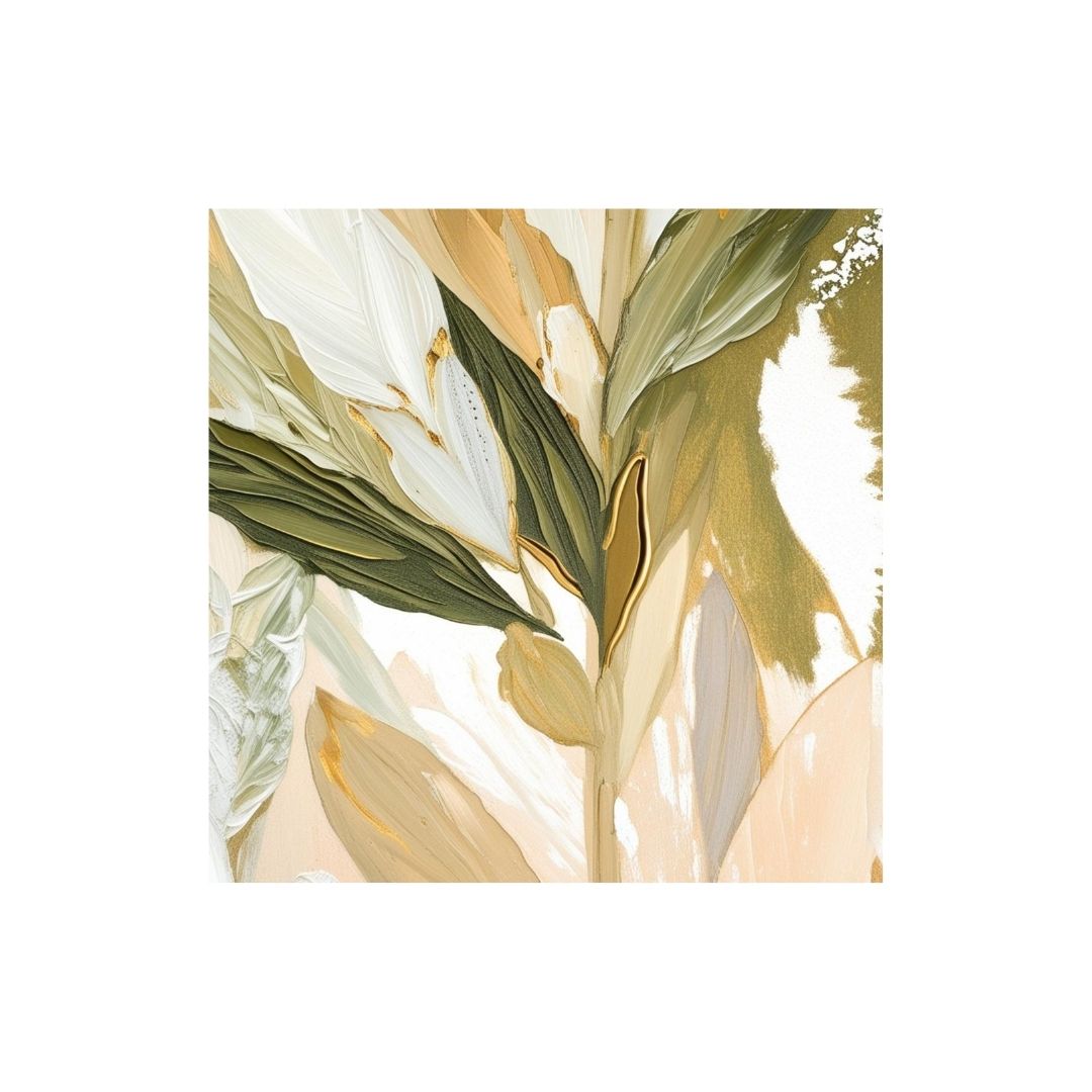 Square Textured-like Abstract Botanical Art featuring thick brushstrokes effects of Olive and Sage Green Leaves with bold Metallic Gold accents. Ideal Luxury, Modern Farmhouse, or Bohemian Decor.