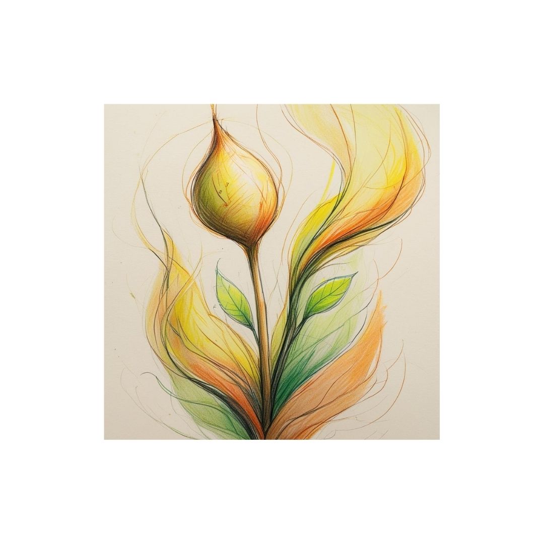 Vertical Lyrical Botanical Abstract art featuring a stylized flower/sprout in glowing Yellow, Orange, and Lime Green tones with expressive, sketch-like lines. Ideal Zen, Bohemian, or Modern Bedroom Decor.