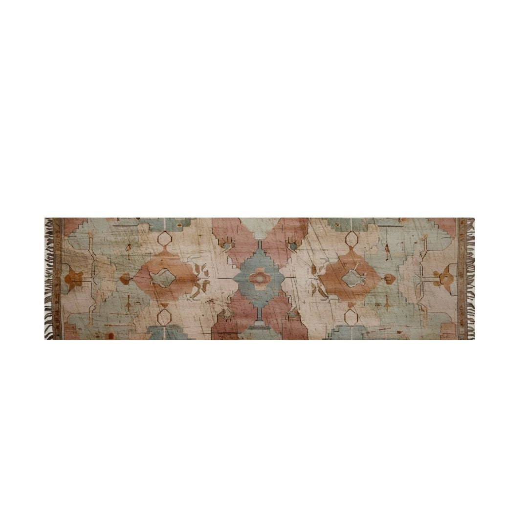 Horizontal panoramic art featuring a faded Antique Berber Rug Pattern with geometric designs in Bohemian/Vintage style, using soft pink, teal, and terracotta colors. Ideal Above-Bed Decor or Boho Living Room Accent.