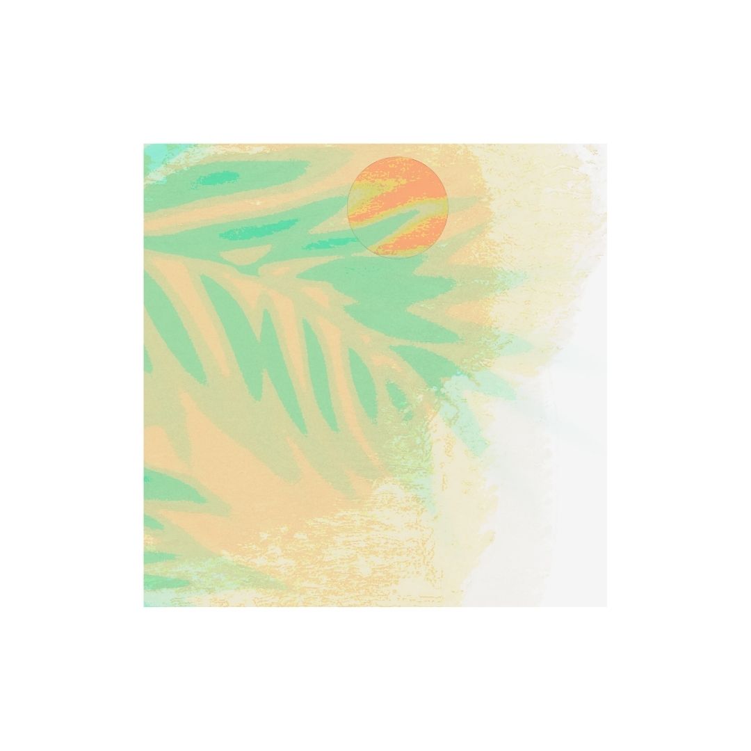 Colorful abstract design with palm leaves and a sun on a white background