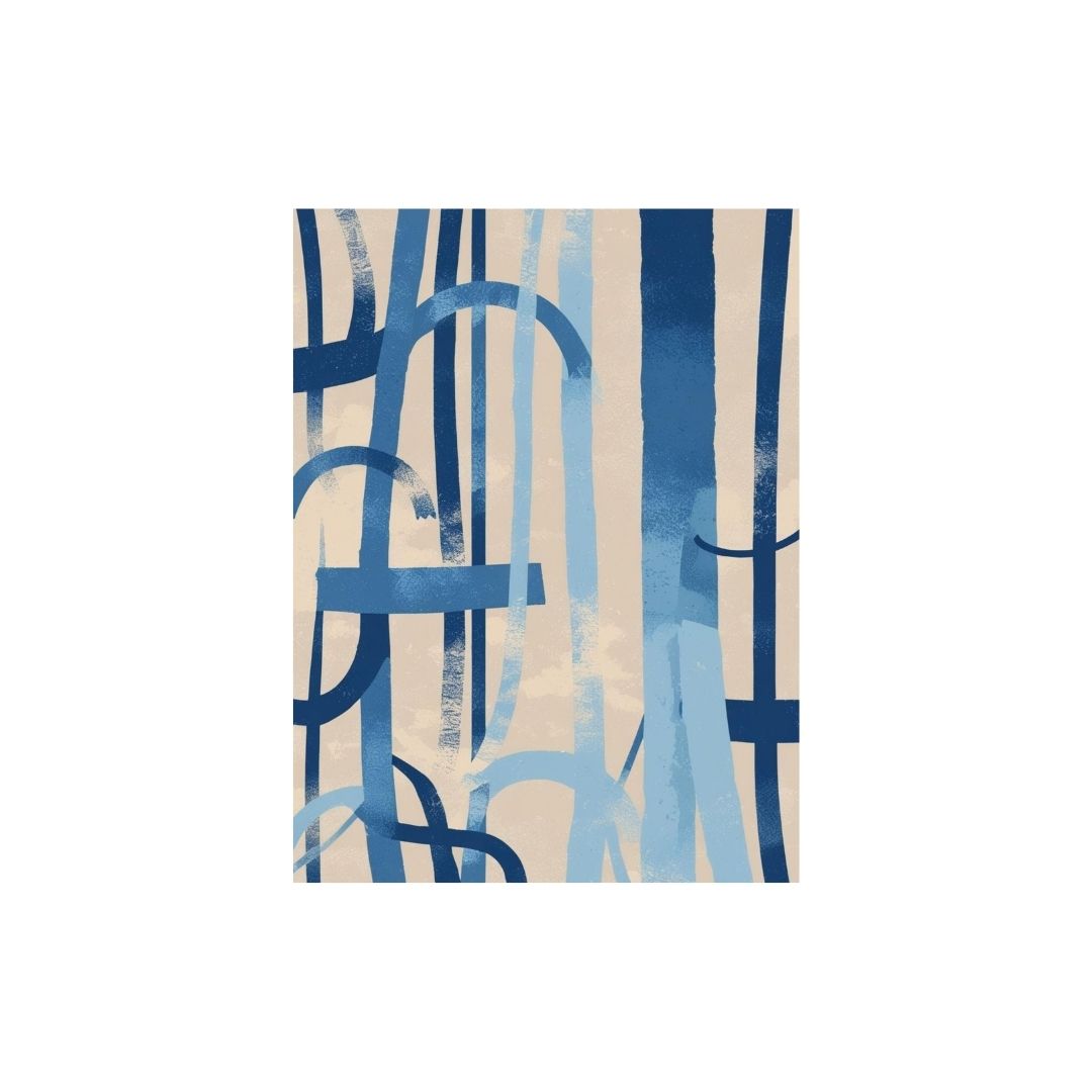 Abstract design with blue and beige patterns on a white background