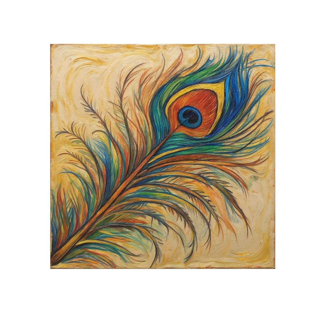 Colorful painting of a peacock feather on a beige background