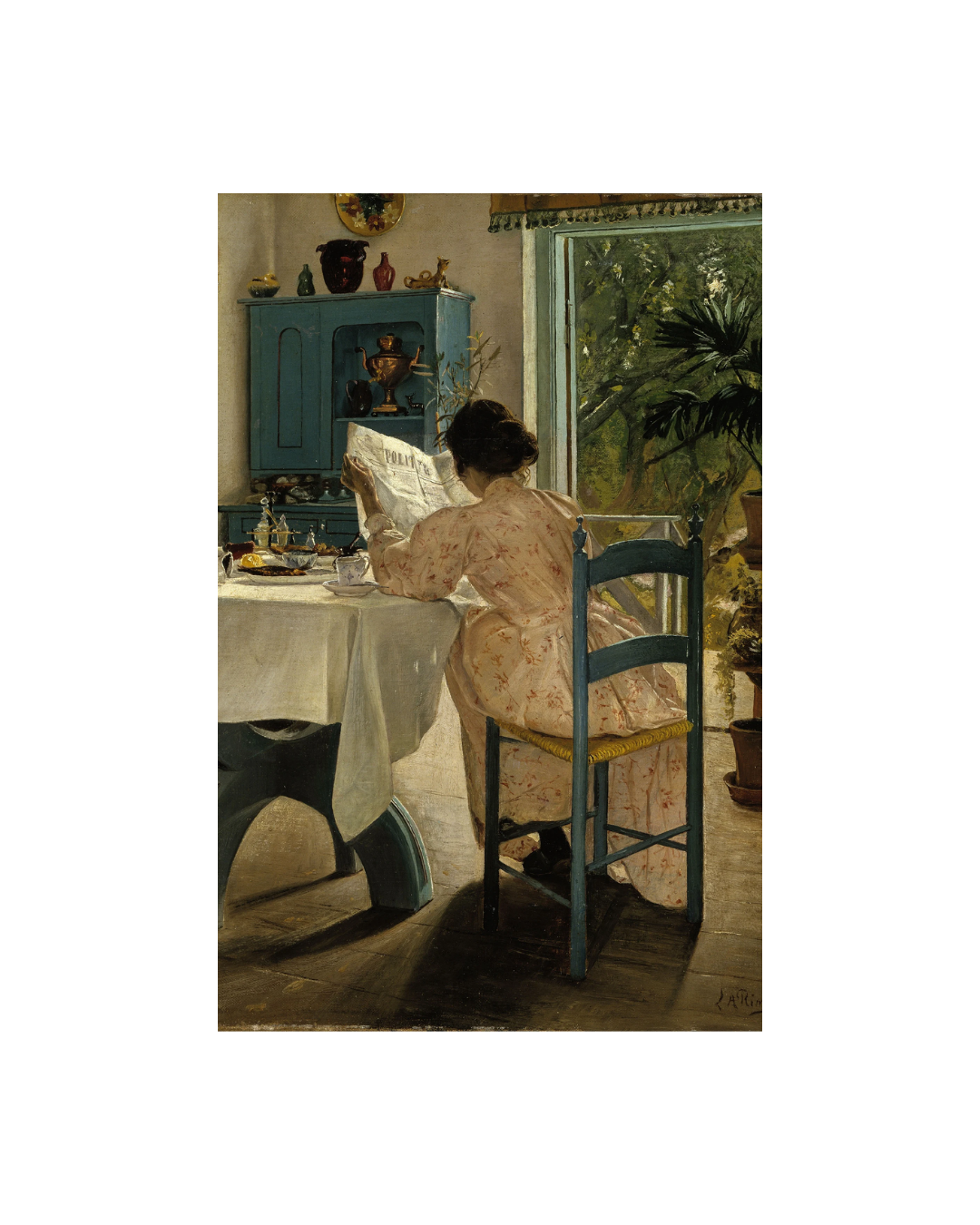 Domestic scene of a woman seated at a breakfast table, wall art frame
