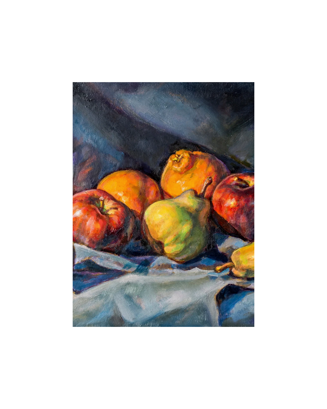 Vertical Oil Painting Still Life featuring classic fruit arrangement: red apple, green pears, and oranges against a dark background. Ideal Traditional Kitchen Decor or Dining Room.