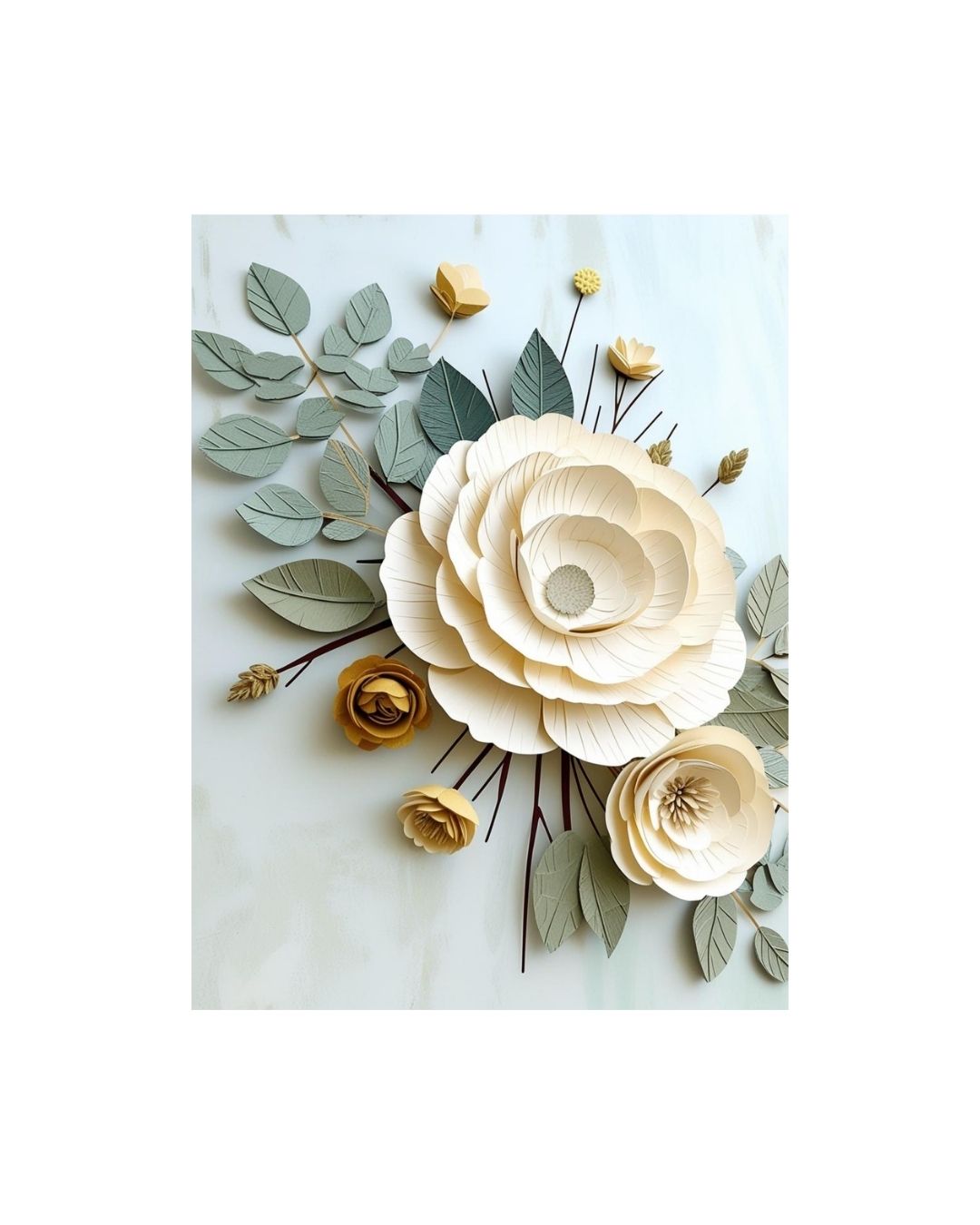 Cream paper flower wall art print for kitchen decor. Botanical wall art for light green cabinets and hexagon tile backsplash.