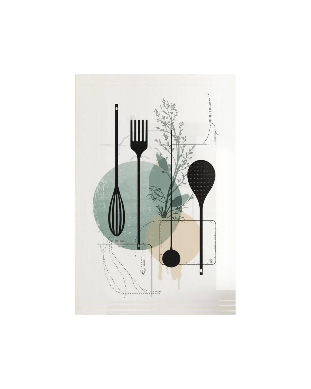 Decorative wall art with kitchen utensils and abstract shapes on a light background