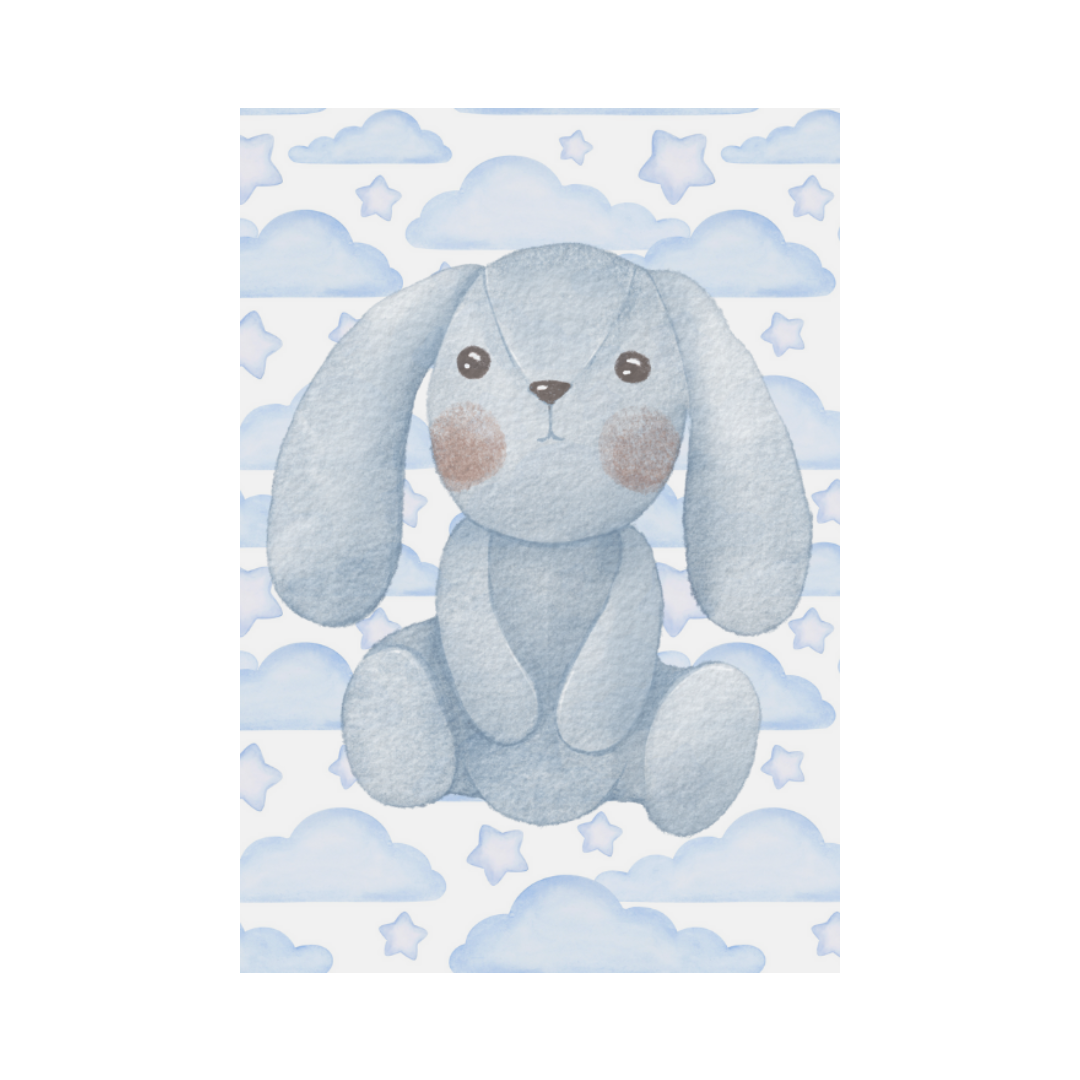 Vertical Watercolor-like Nursery Wall Art print featuring a cute baby Blue Bunny Rabbit sitting on clouds and stars. Ideal Baby Boy Room Decor or Shower Gift.