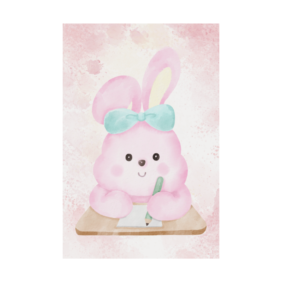 Pink bunny rabbit sitting at a desk, wall art frame