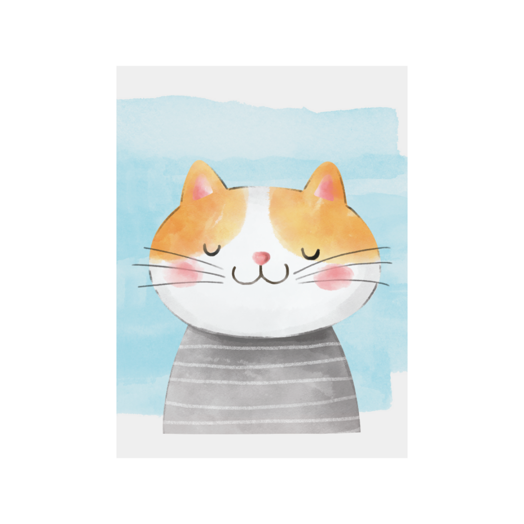 Vertical Watercolor-like Nursery Wall Art print featuring a cute smiling Cartoon Cat with orange and white fur wearing a gray striped shirt. Ideal Kids Room Decor or Baby Room.