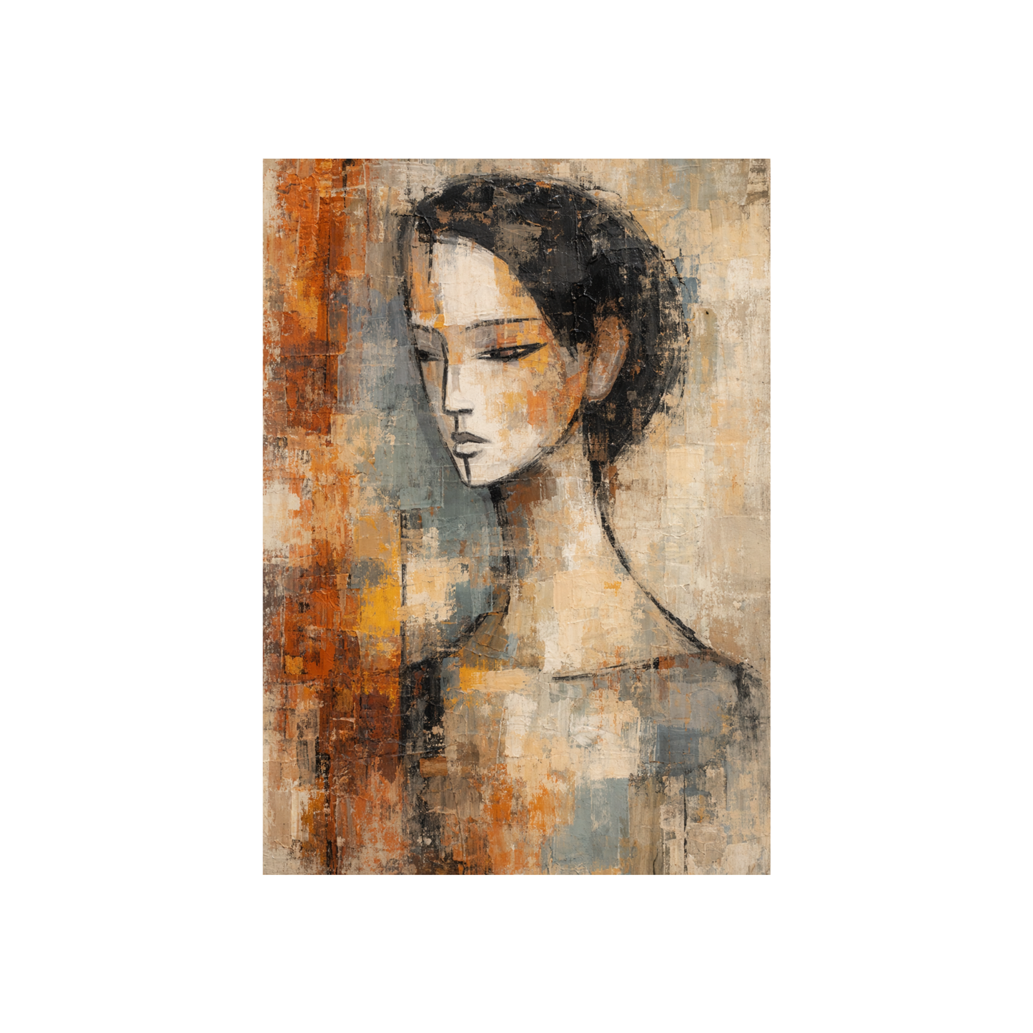 Large textured figurative portrait canvas wall art depicting a serene woman in warm neutral tones,