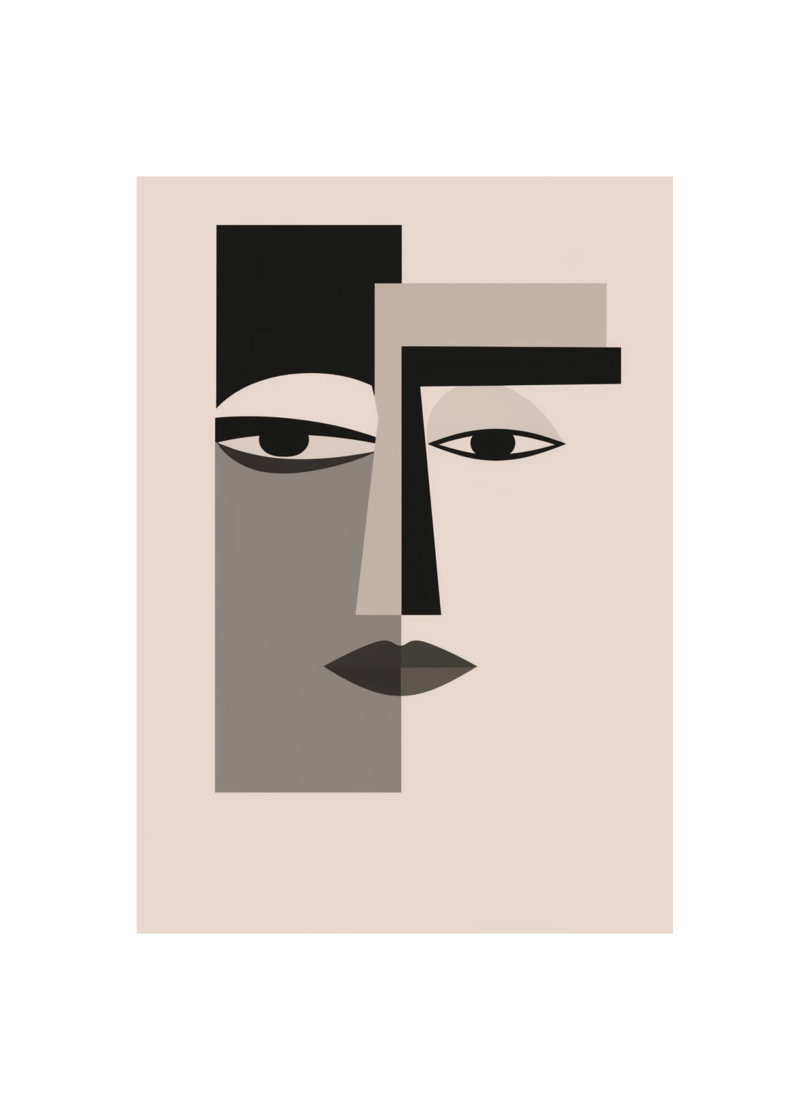 Minimal abstract face wall art in black and beige geometric design
