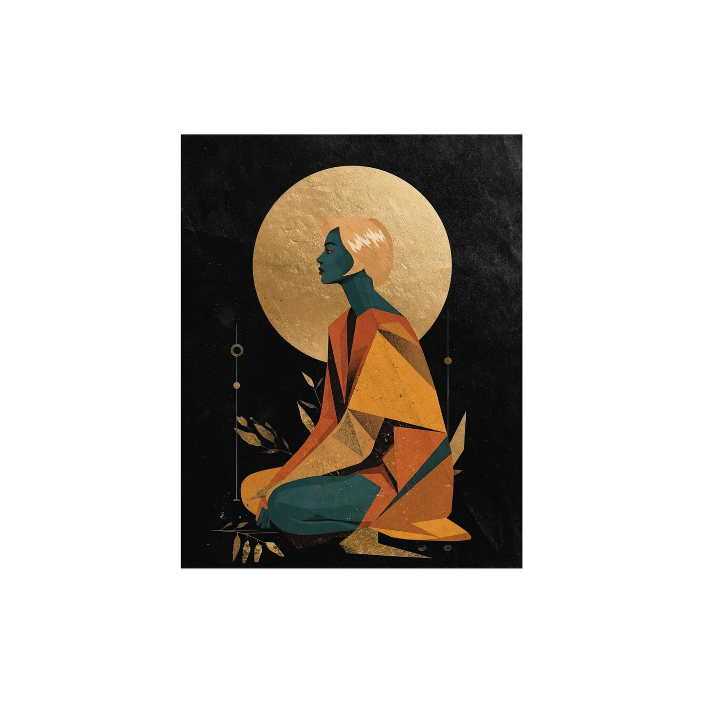 Modern geometric portrait wall art with gold halo on black background, luxury contemporary canvas artwork