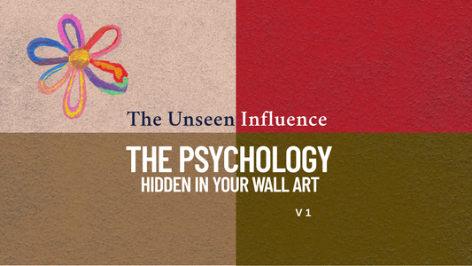 A blog banner with a four-quadrant textured background in beige, red, brown, and olive green. It features a flower in the top-left, with text overlay "The Unseen Influence" and "THE PSYCHOLOGY HIDDEN IN YOUR WALL ART V1".