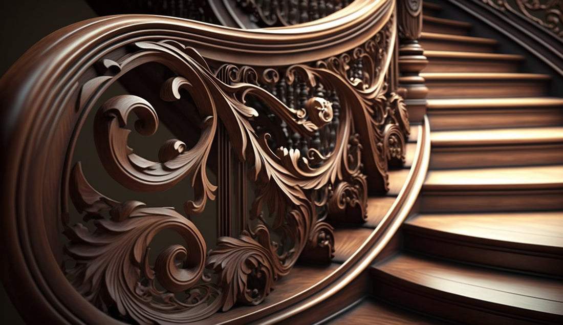 A close-up view of a beautifully carved, ornate wooden handrail and balustrade of a luxurious winding staircase. The dark wood features intricate scrolling foliage and detail.