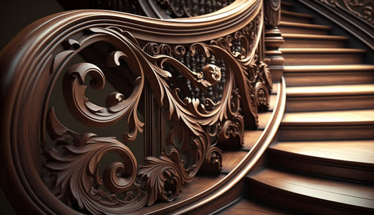 A close-up view of a beautifully carved, ornate wooden handrail and balustrade of a luxurious winding staircase. The dark wood features intricate scrolling foliage and detail.