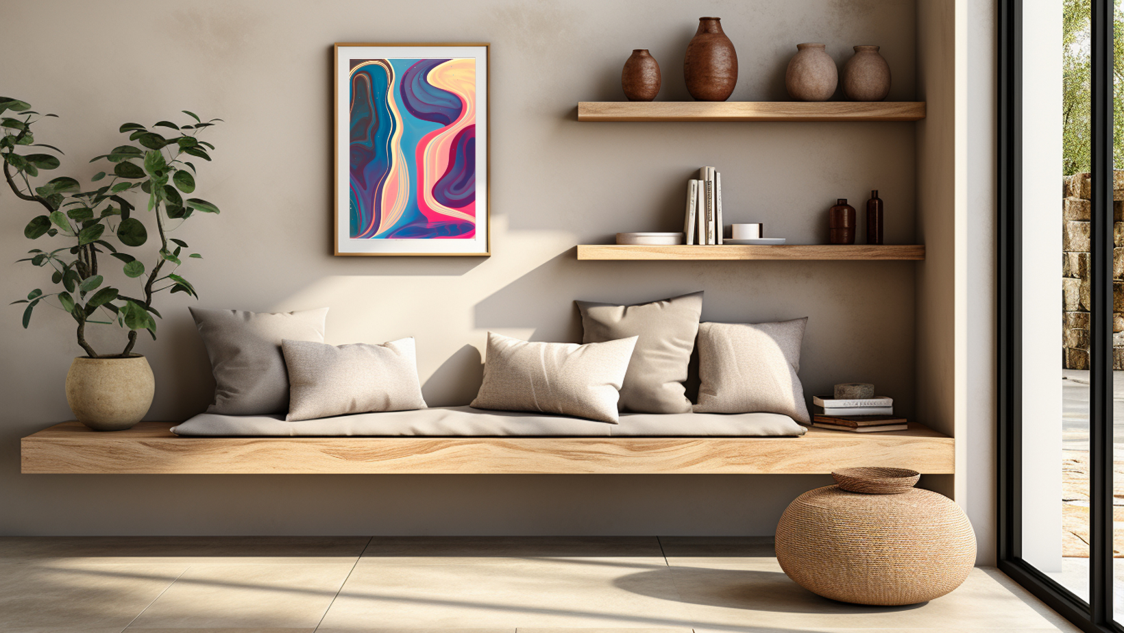 A framed, vertical abstract painting titled 'Tidal Bloom' is mounted on a beige wall above a wooden window bench. The painting features vibrant, flowing, wave-like shapes in a saturated palette of blue, magenta, pink, and orange. The surrounding area includes a potted plant, several neutral pillows on the bench, and floating wooden shelves with decorative ceramic vases. Wall art frame in a living room by wall and more 
