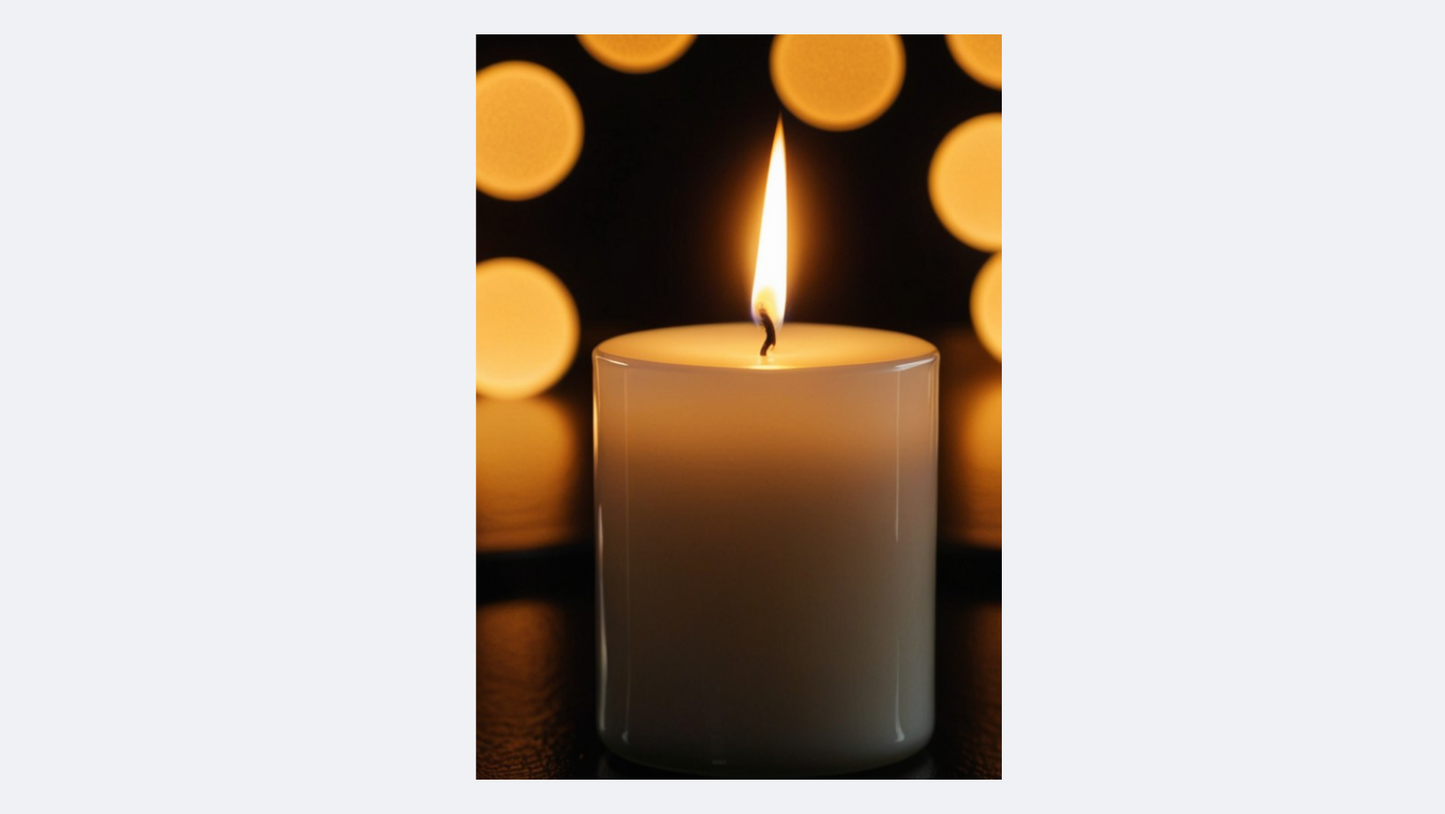 Close-up photographic wall art of a thick, white pillar candle with a bright, steady flame. The background is dark, featuring numerous large, warm, out-of-focus golden circles (bokeh) surrounding the candle. The art is framed in light wood and mounted on a white wall. Wall art by wall and more